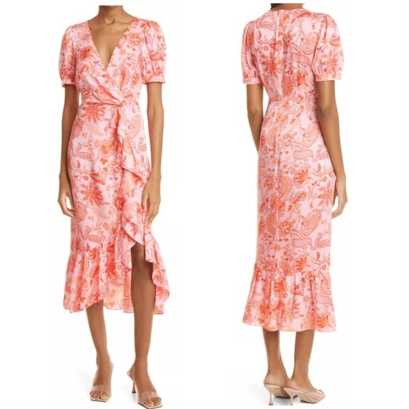 CINQ A SEPT Kay Faux Wrap Floral Print Short Flutter Sleeve MIDI Cocktail Dress - Picture 6 of 15